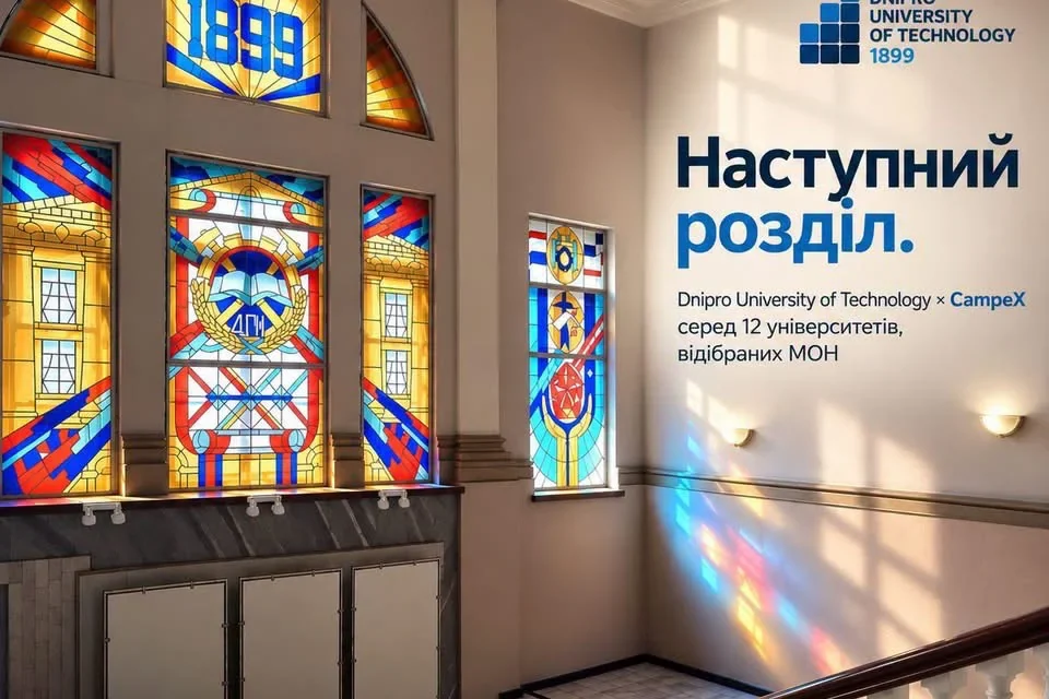 Інтер’єр університету з вітражами 1899 та написом про відбір до CampeX